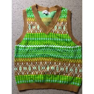 Willow & Wind Vest Women's Large Preppy Fair Isle Vintage Style Green Tan